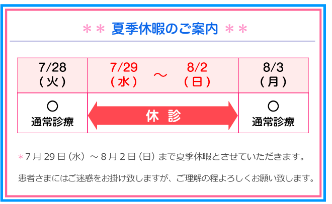 夏季休暇のご案内：7月29日（水）～8月3日（月）まで夏季休暇とさせていただきます。患者様にはご迷惑をおかけしますが、よろしくお願い致します。