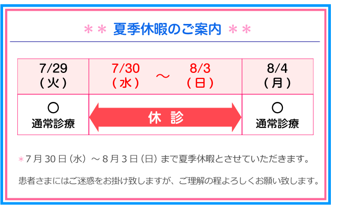 夏季休暇のご案内:7月30日(水)~8月3日(日)まで夏季休暇とさせていただきます。患者さまにはご迷惑をお掛け致しますが、ご理解の程よろしくお願い致します。